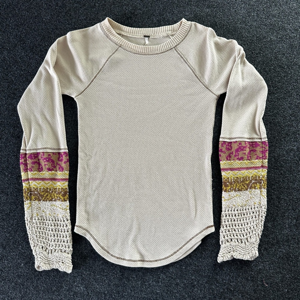 Free People Cream Waffle Knit Thermal Top Crochet Lace Leopard Cuff Small